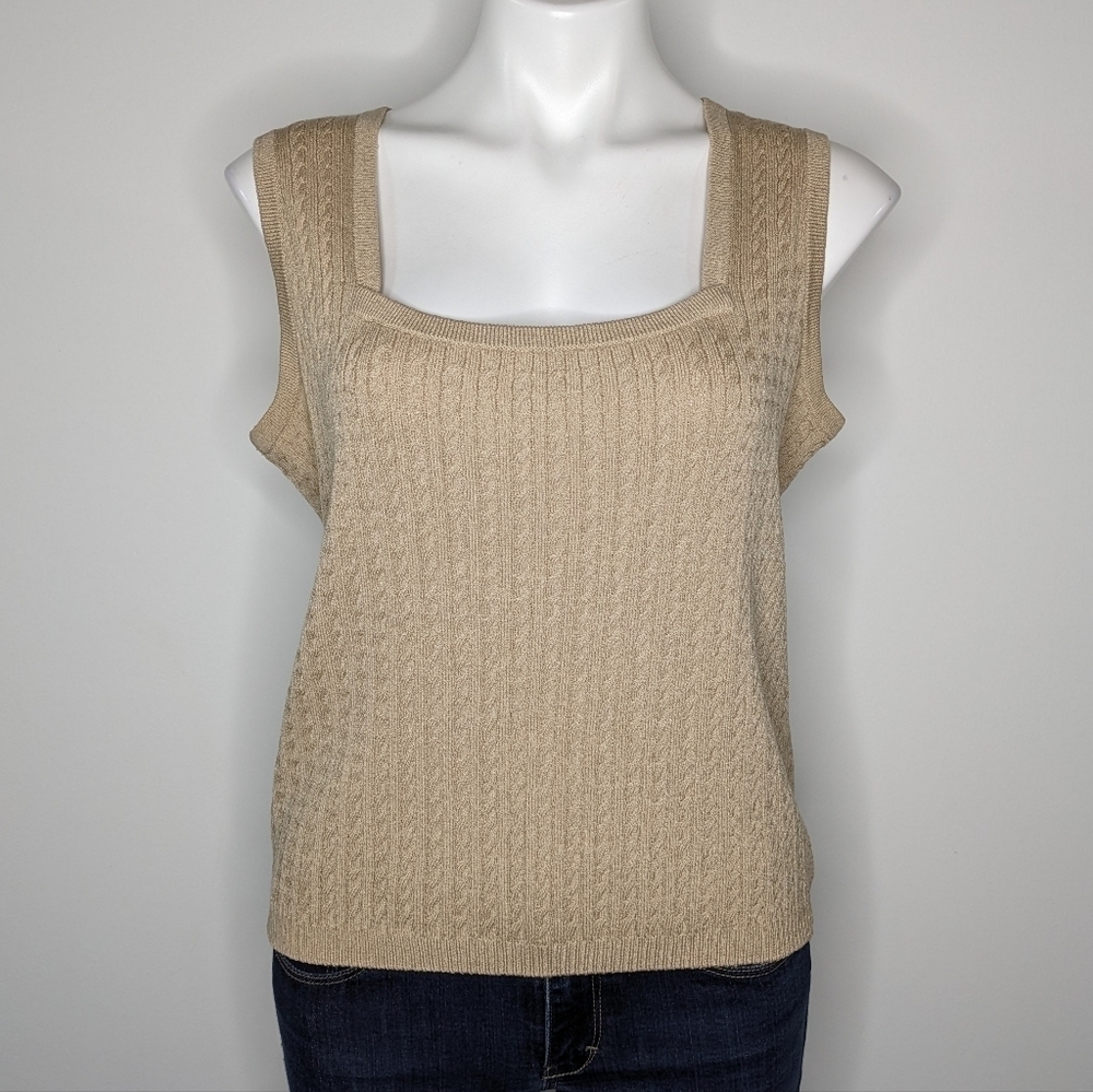 St. John light tan cable knit square neck wool blend sleeveless sweater tank S